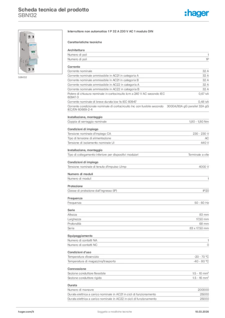 Immagine Hager Scheda tecnica del prodotto SBN132 | Hager Italia