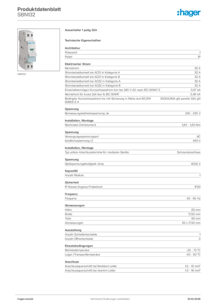 Bild Hager Produktdatenblatt SBN132 | Hager Deutschland