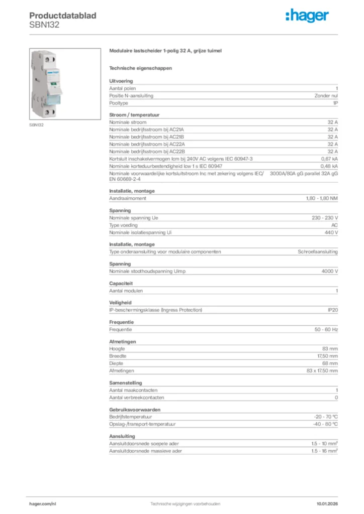 Afbeelding Hager Productdatablad SBN132 | Hager Nederland