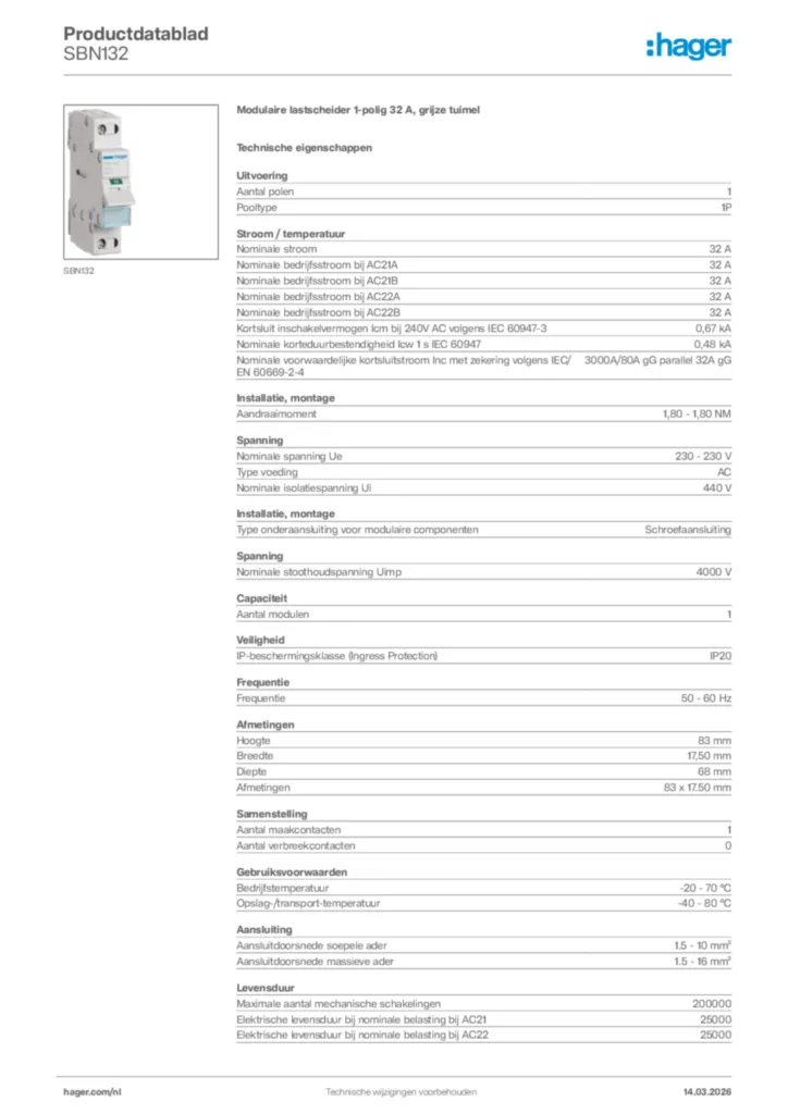 Afbeelding Hager Productdatablad SBN132 | Hager Nederland