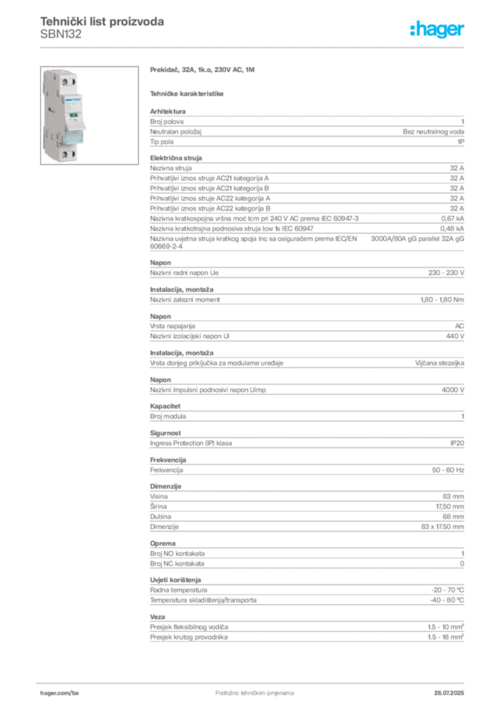 Slika Hager Product data sheet SBN132  | Hager