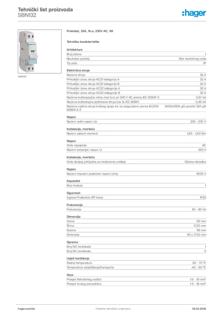 Slika Hager Tehnički list proizvoda SBN132  | Hager