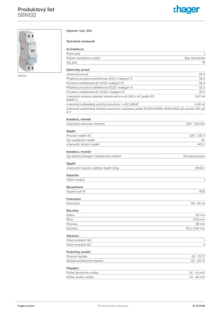 Obrázek Hager Produktový list SBN132 | Hager