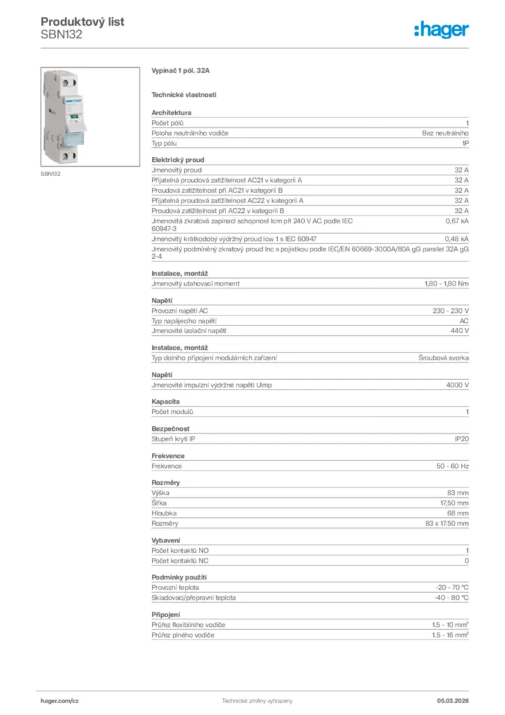 Obrázek Hager Product data sheet SBN132 | Hager