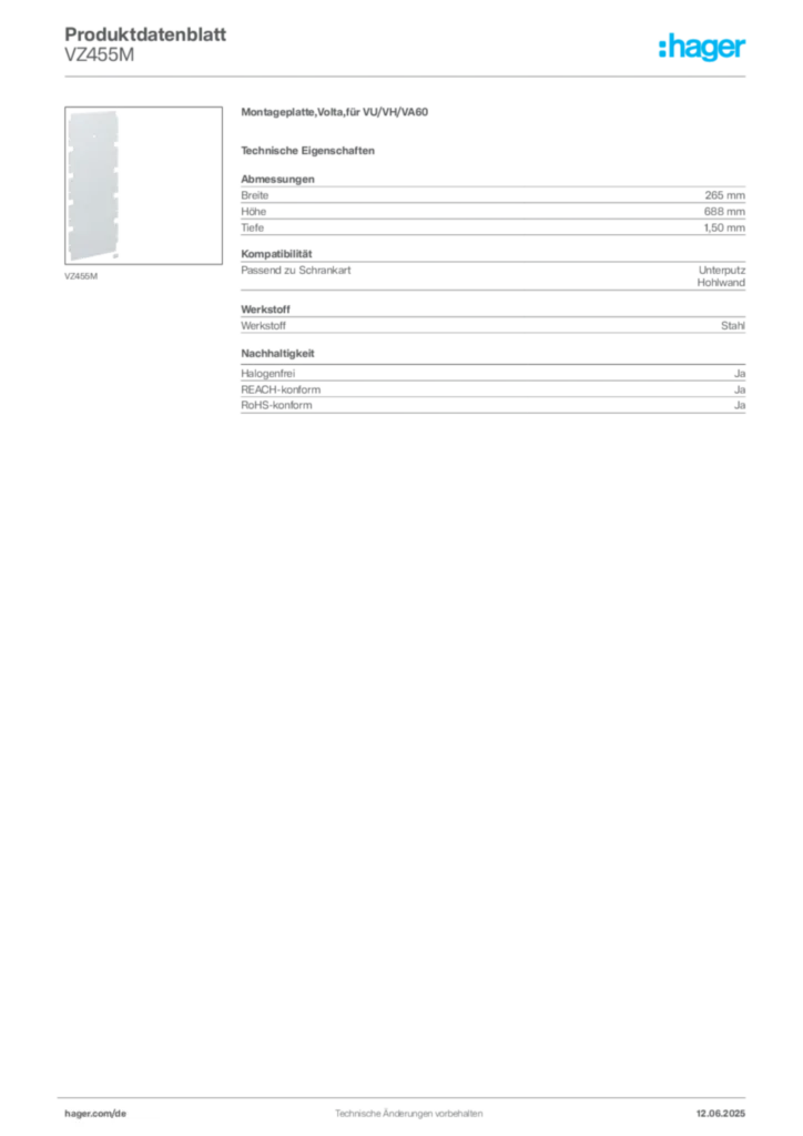 Hager Produktdatenblatt VZ455M