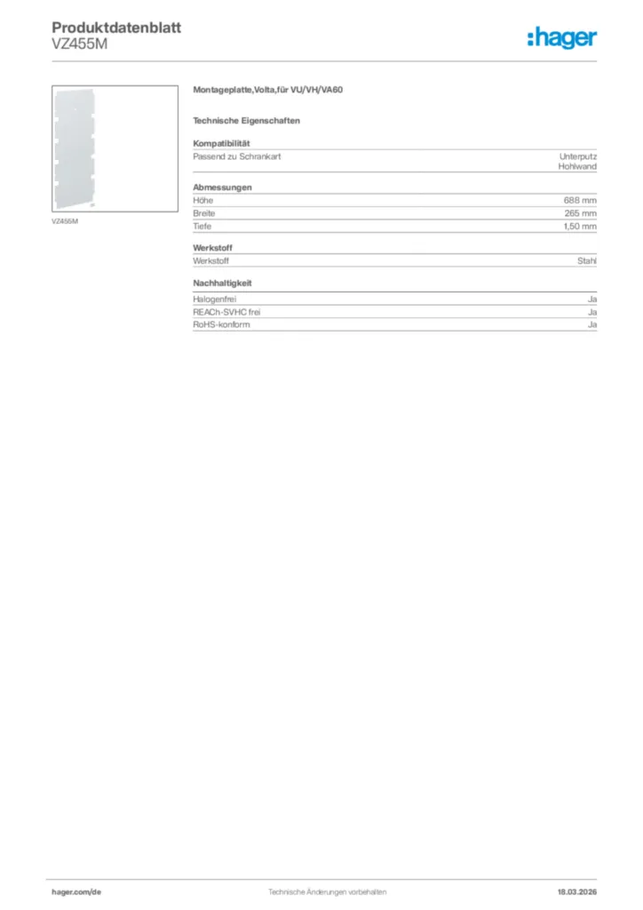 Bild Hager Produktdatenblatt VZ455M | Hager Deutschland