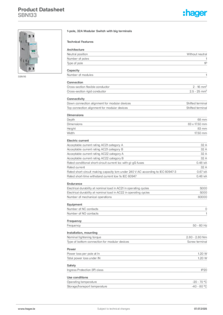 Image Hager Product data sheet SBN133  | Hager