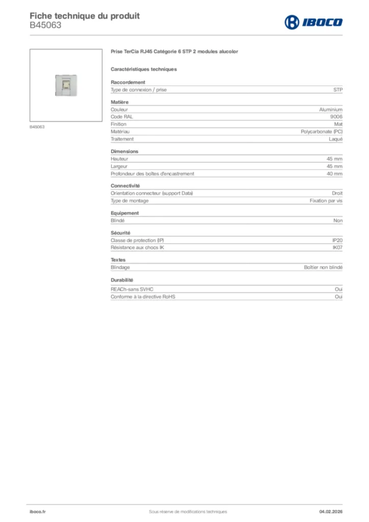 Image Iboco Fiche technique du produit B45063 | Hager France