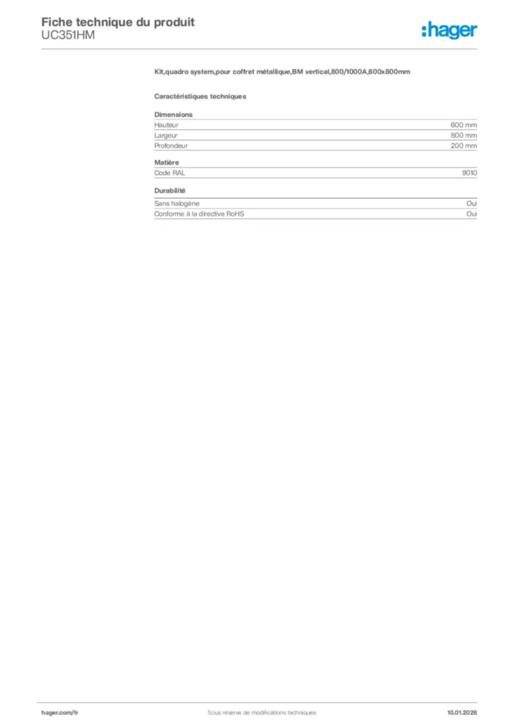 Image Hager Fiche technique du produit UC351HM | Hager France