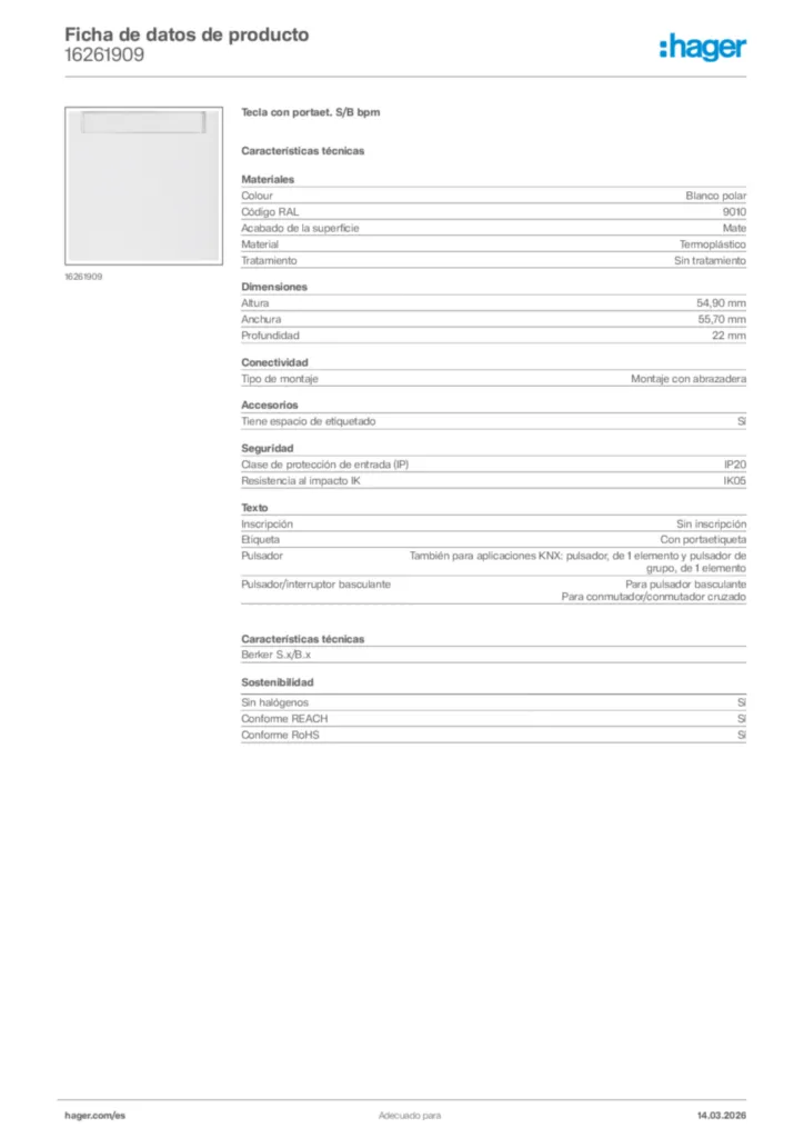 Imagen Hager Ficha de datos de producto 16261909 | Hager España
