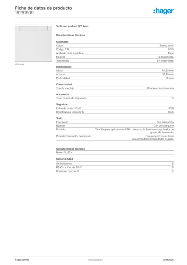 Imagen Hager Ficha de datos de producto 16261909 | Hager España