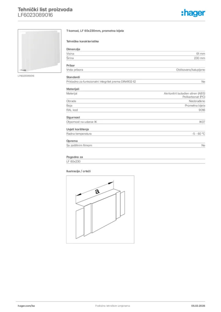 Slika Hager Tehnički list proizvoda LF6023089016  | Hager