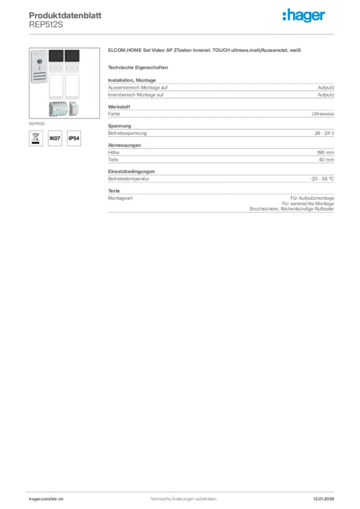 Bild Hager Produktdatenblatt REP512S | Hager Schweiz