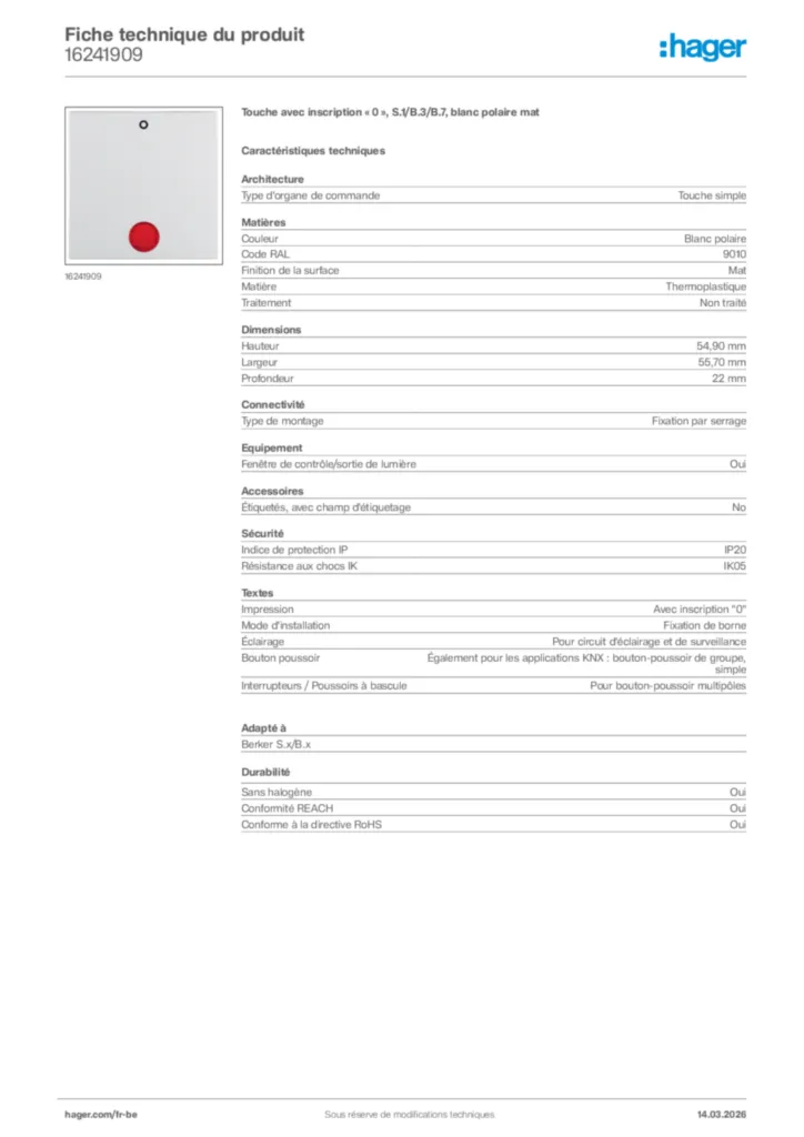 Image Hager Fiche technique du produit 16241909 | Hager Belgique