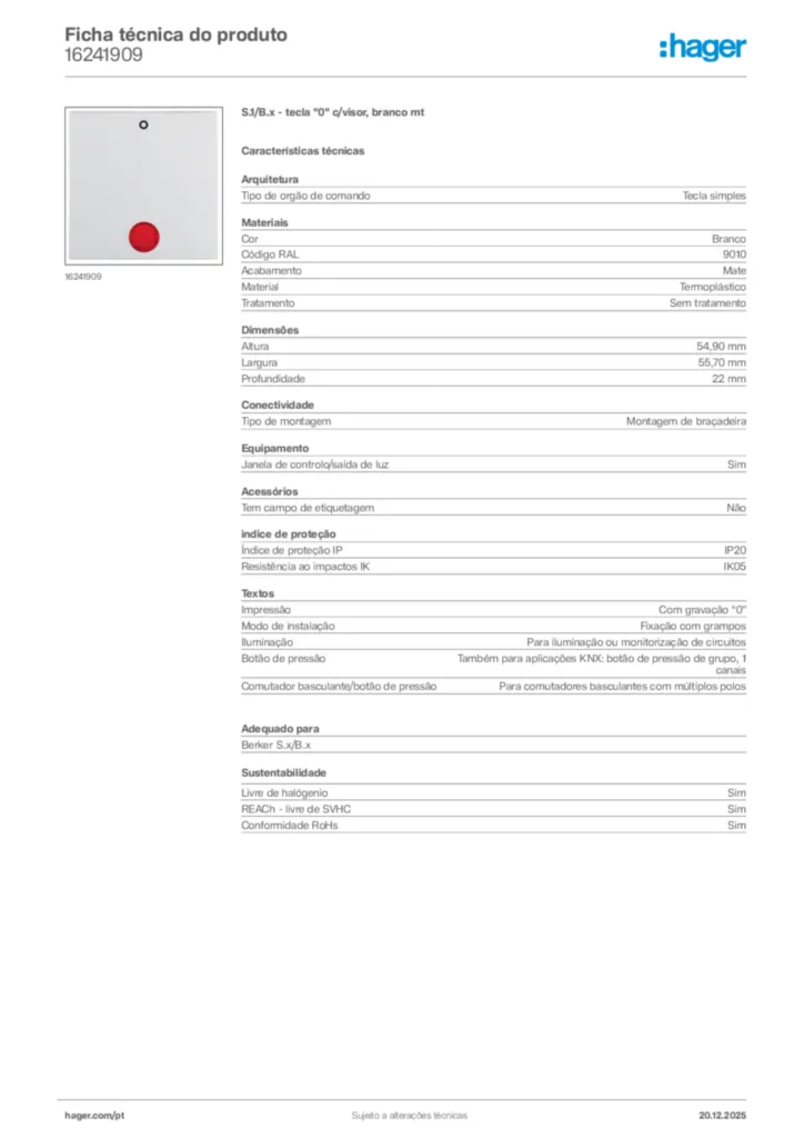 Imagem Hager Ficha técnica do produto 16241909 | Hager Portugal