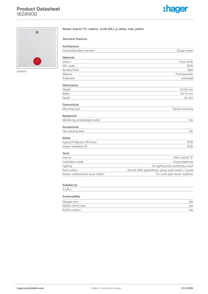 Image Hager Product data sheet 16241909  | Hager