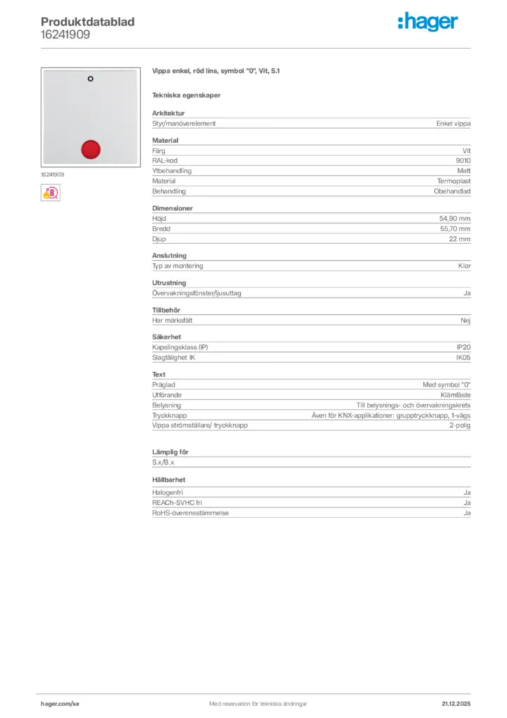 Bild Hager Produktdatablad 16241909 | Hager Sverige