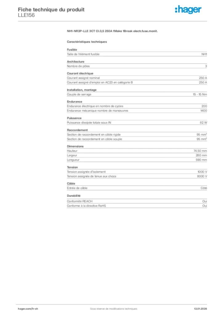 Image Hager Fiche technique du produit LLE156 | Hager Suisse