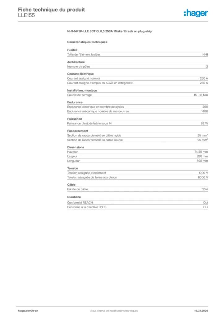 Image Hager Fiche technique du produit LLE155 | Hager Suisse