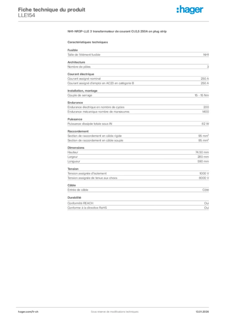 Image Hager Fiche technique du produit LLE154 | Hager Suisse