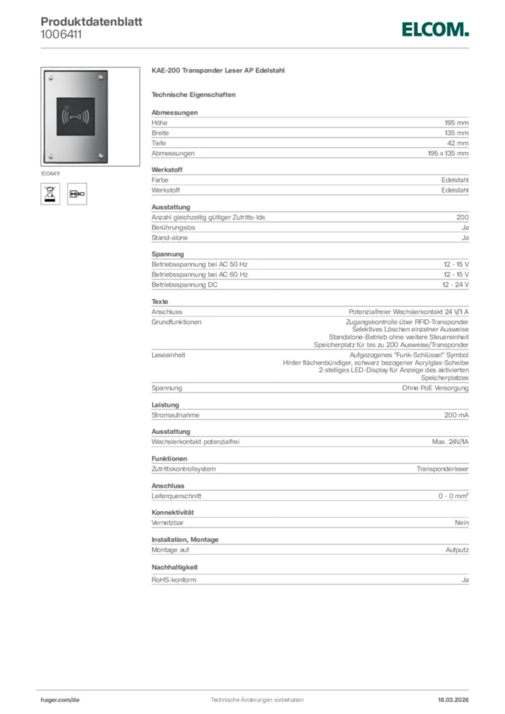 Bild Elcom Produktdatenblatt 1006411 | Hager Deutschland