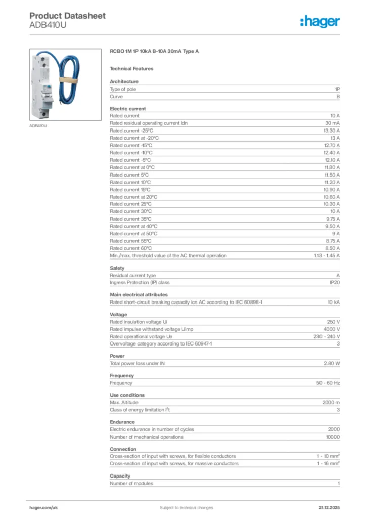 Image Hager Product data sheet ADB410U  | Hager