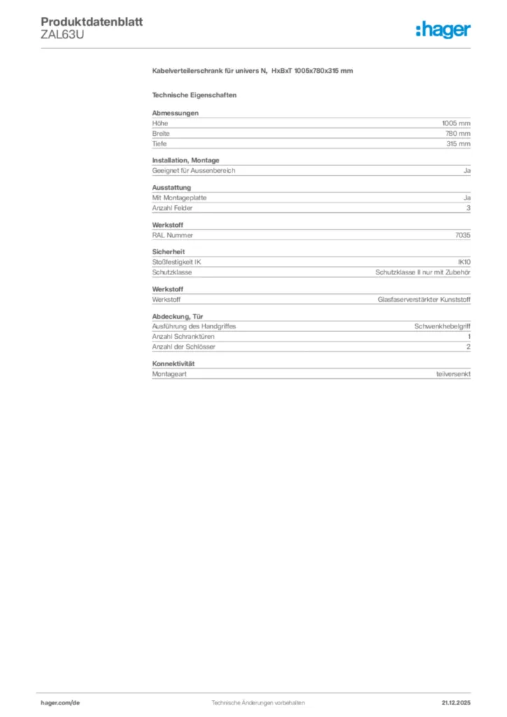 Bild Hager Produktdatenblatt ZAL63U | Hager Deutschland