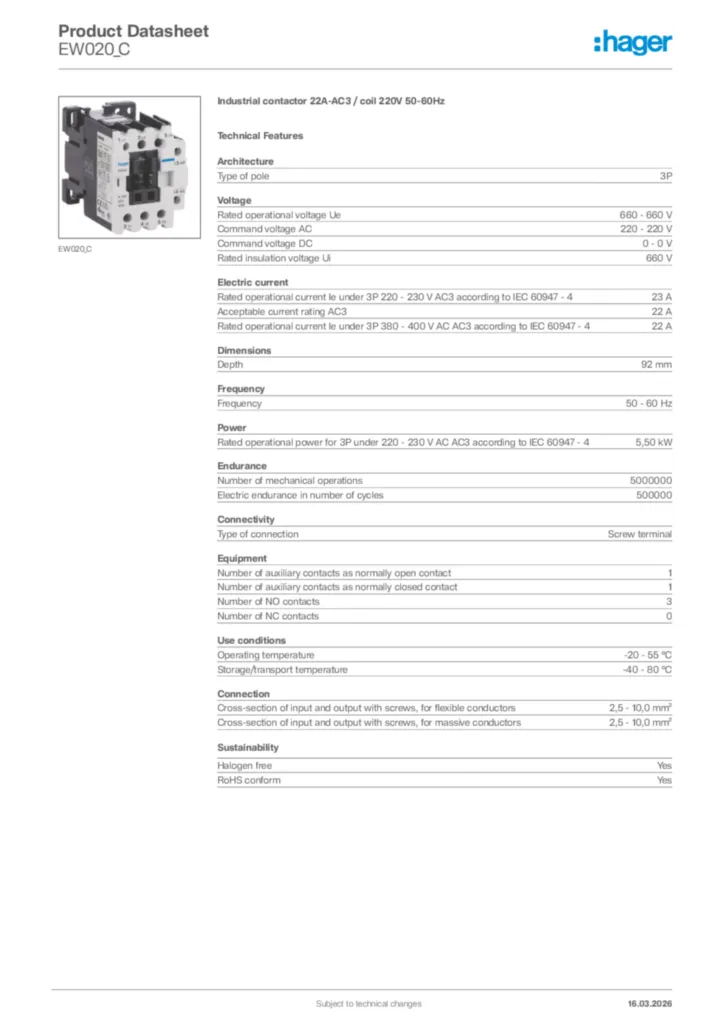 Image Hager Product data sheet EW020_C  | Hager