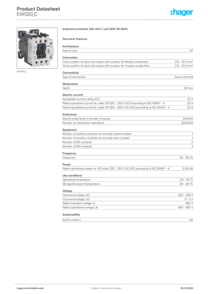 Image Hager Product data sheet EW020_C  | Hager