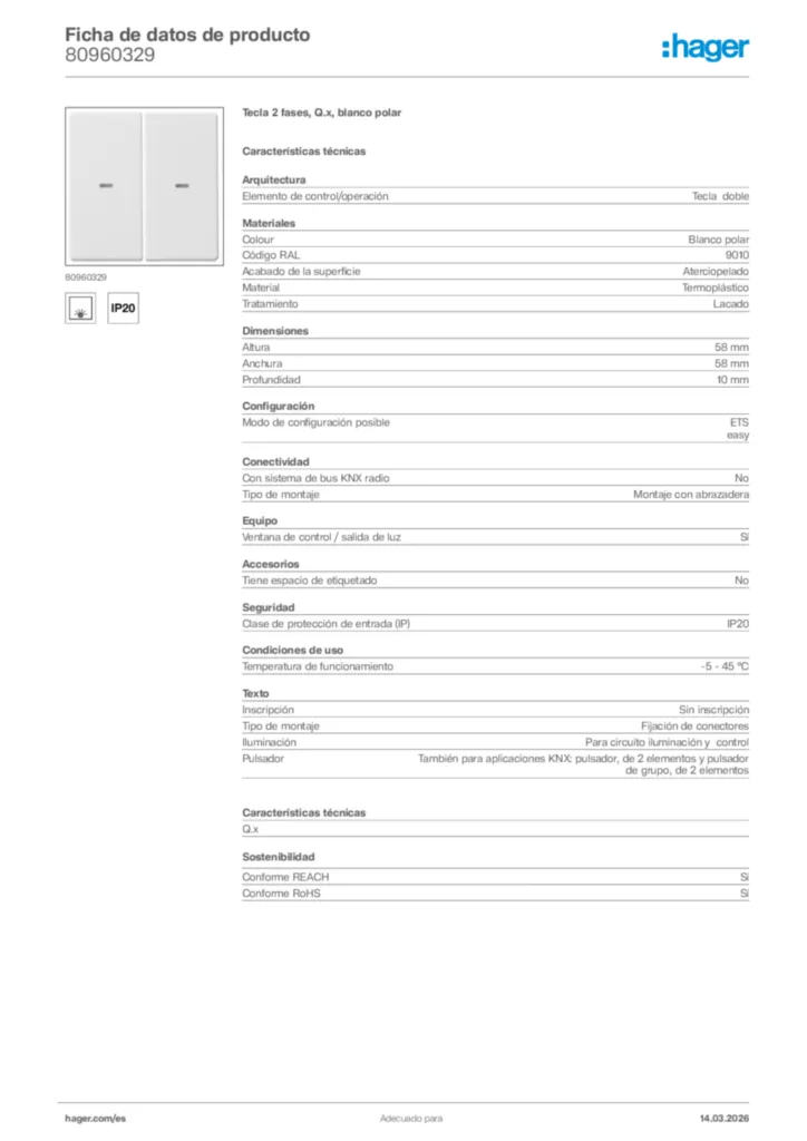 Imagen Hager Ficha de datos de producto 80960329 | Hager España