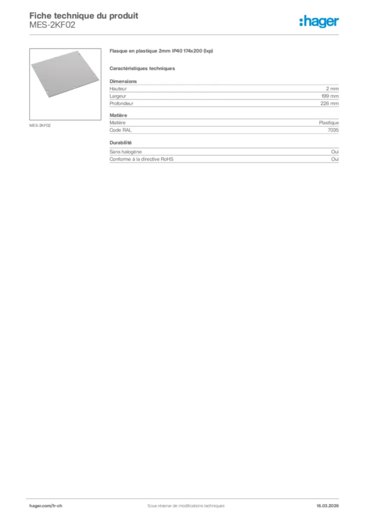 Image Hager Fiche technique du produit MES-2KF02 | Hager Suisse