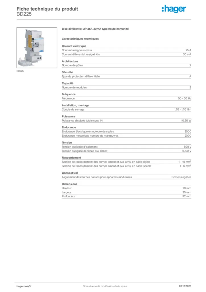 Image Hager Fiche technique du produit BD225 | Hager France