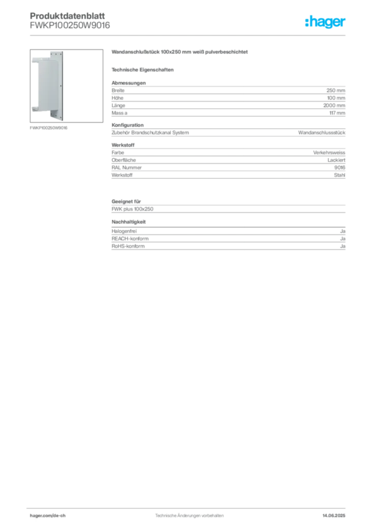 Bild Hager Produktdatenblatt FWKP100250W9016 | Hager Schweiz