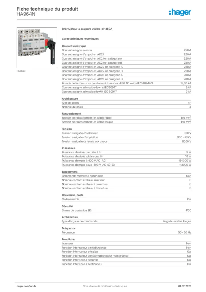 Image Hager Fiche technique du produit HA964N | Hager Afrique