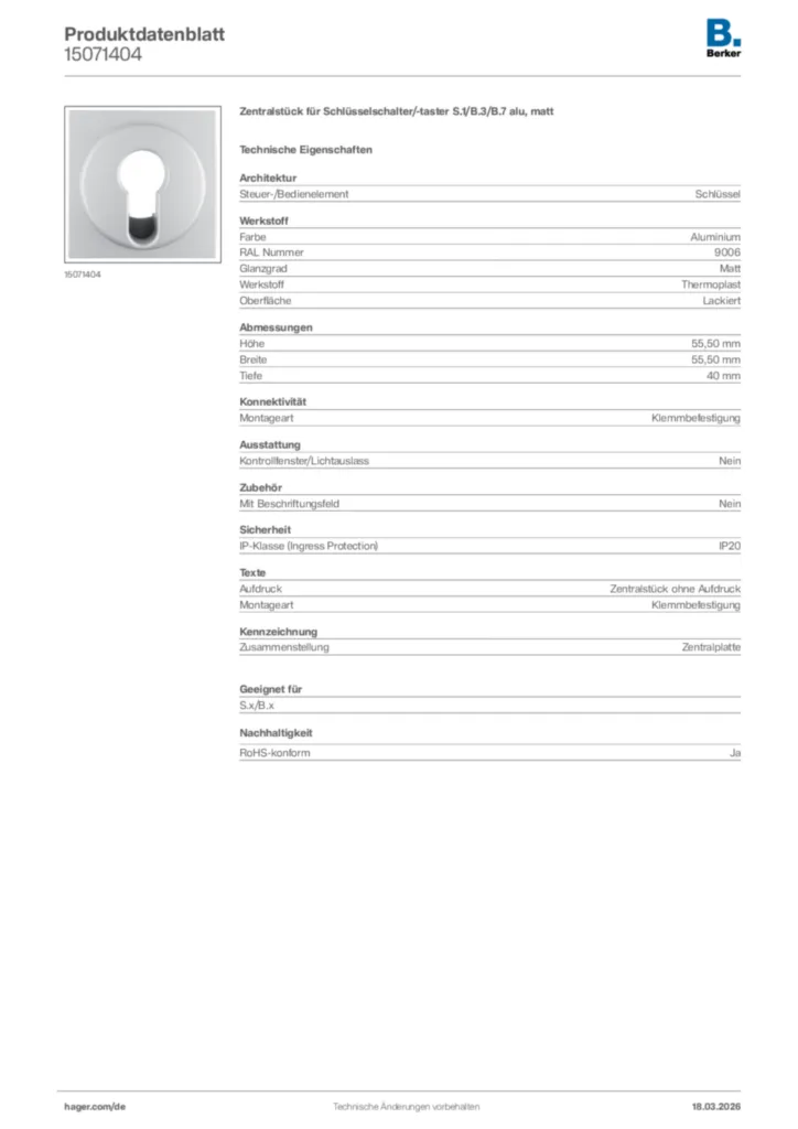 Bild Berker Produktdatenblatt 15071404 | Hager Deutschland