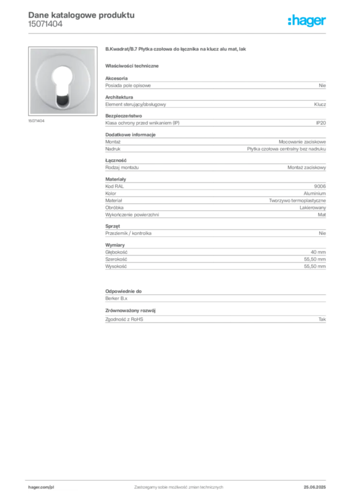 Zdjęcie Hager Dane katalogowe produktu 15071404 | Hager Polska