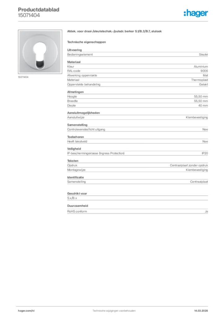 Afbeelding Hager Productdatablad 15071404 | Hager Nederland