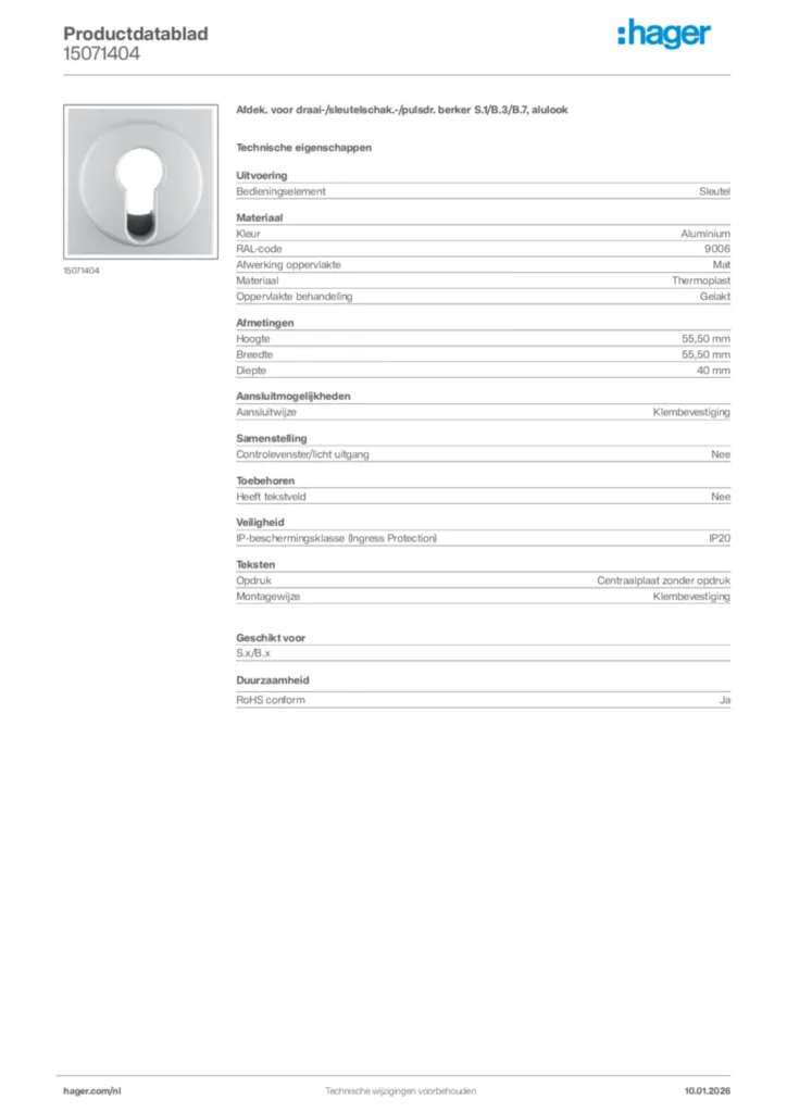 Afbeelding Hager Productdatablad 15071404 | Hager Nederland