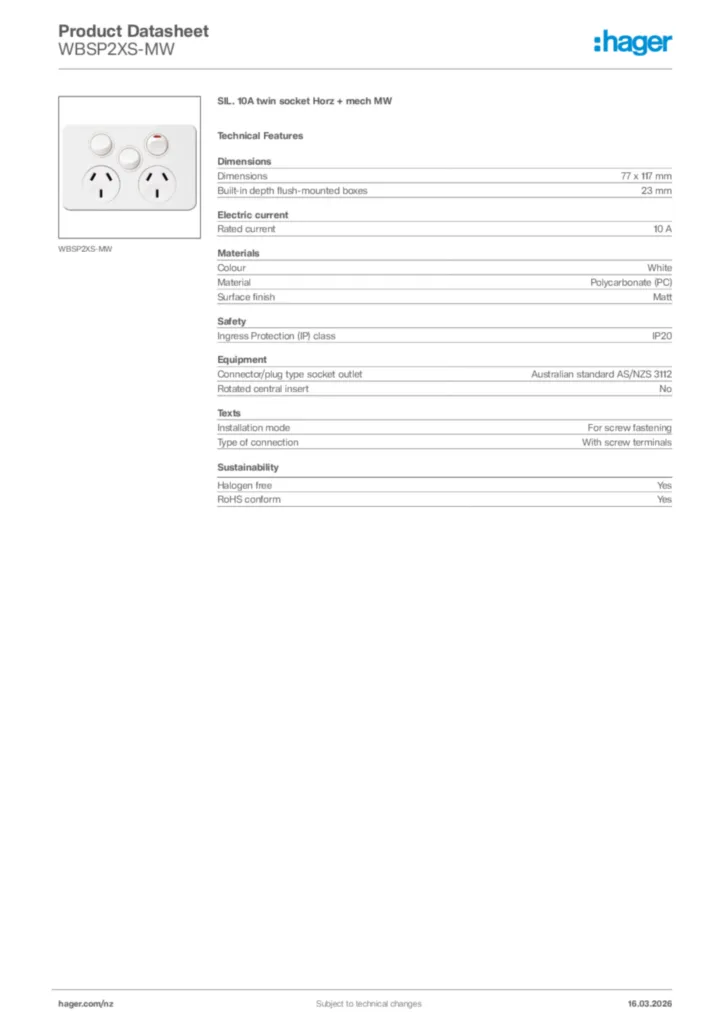 Image Hager Product data sheet WBSP2XS-MW  | Hager New Zealand