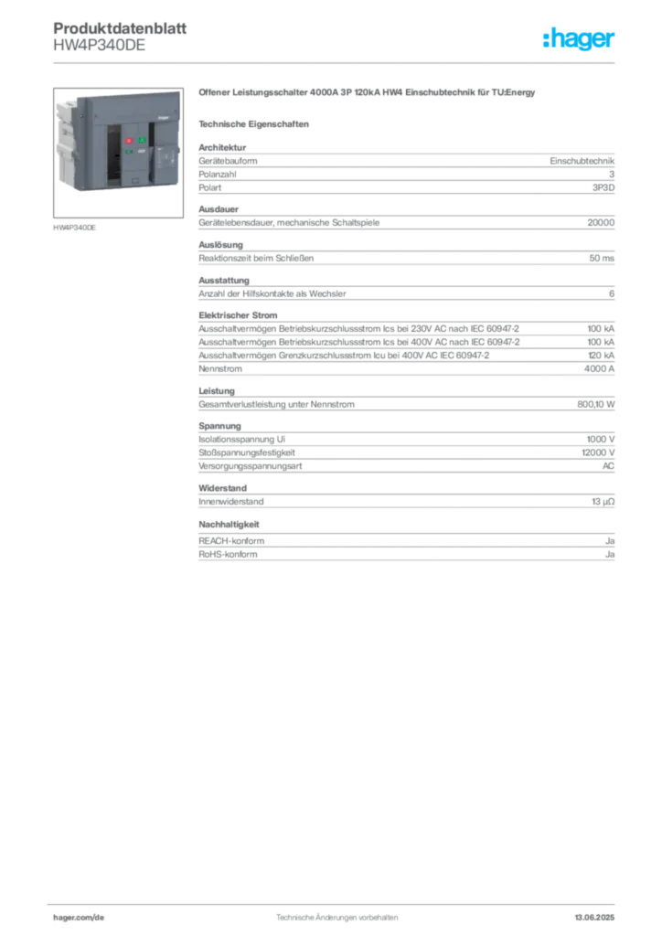 Bild Hager Produktdatenblatt HW4P340DE | Hager Deutschland