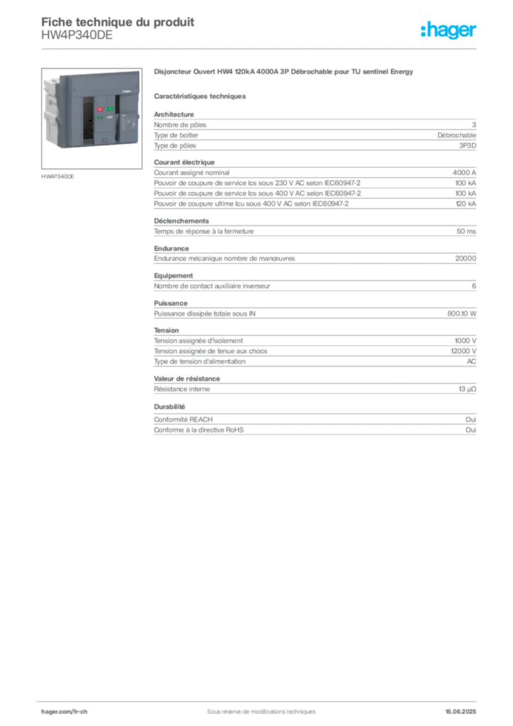 Image Hager Fiche technique du produit HW4P340DE | Hager Suisse