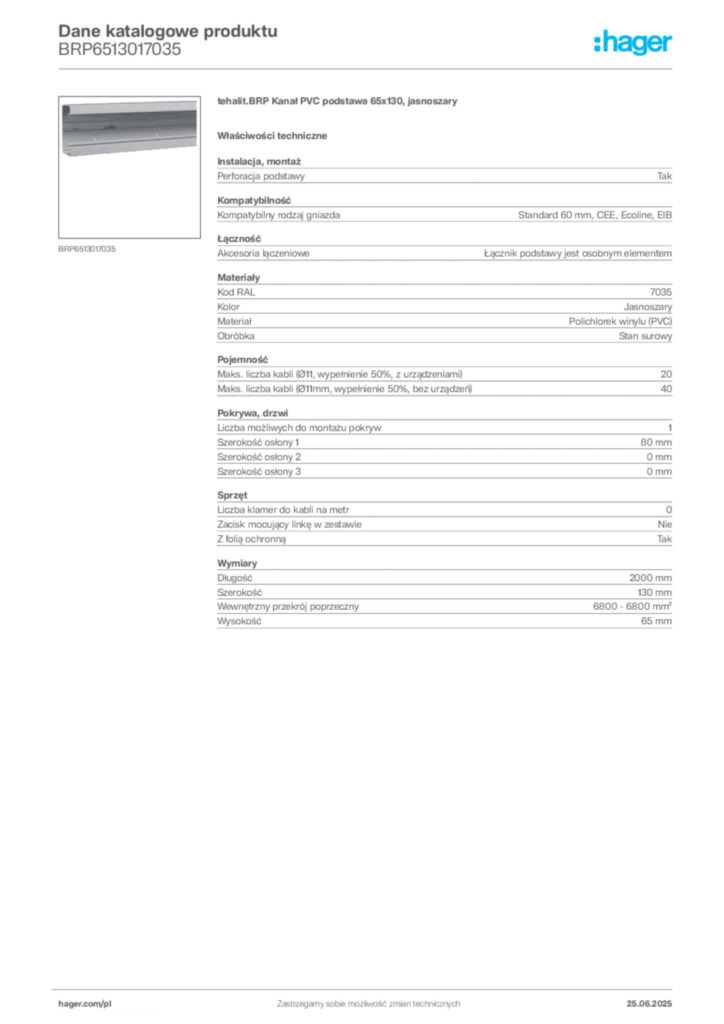 Zdjęcie Hager Dane katalogowe produktu BRP6513017035 | Hager Polska