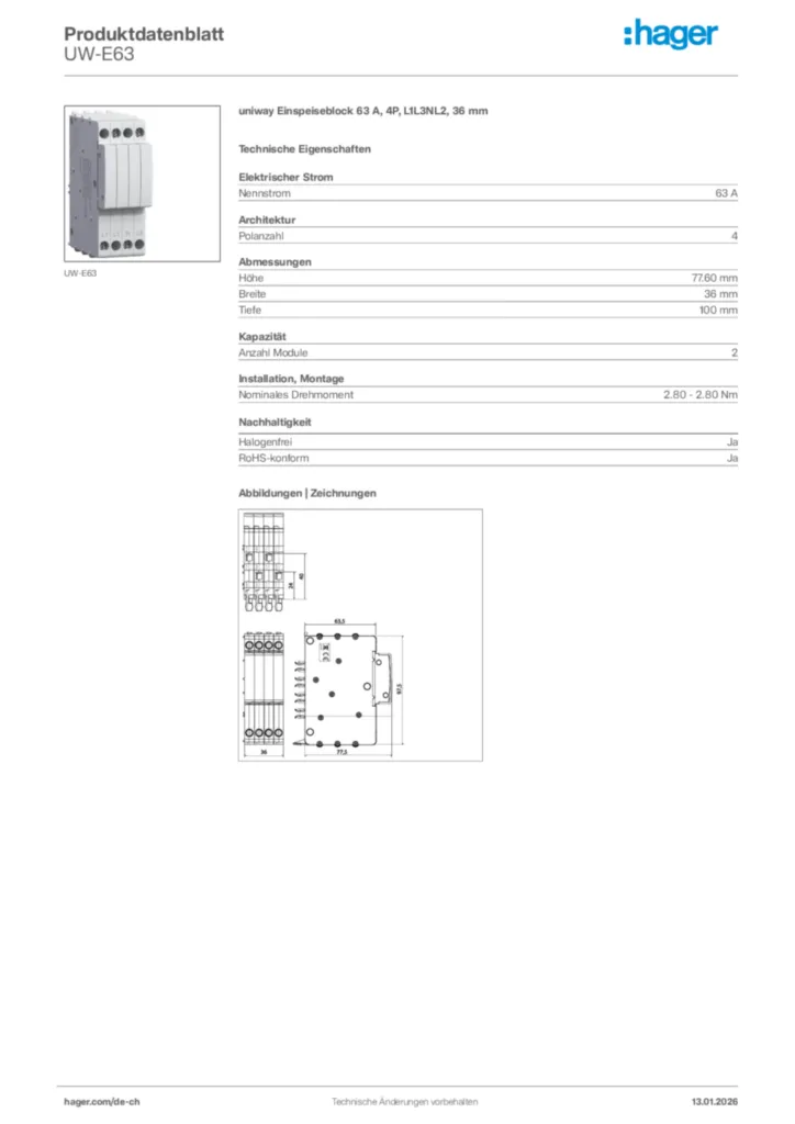 Bild Hager Produktdatenblatt UW-E63 | Hager Schweiz
