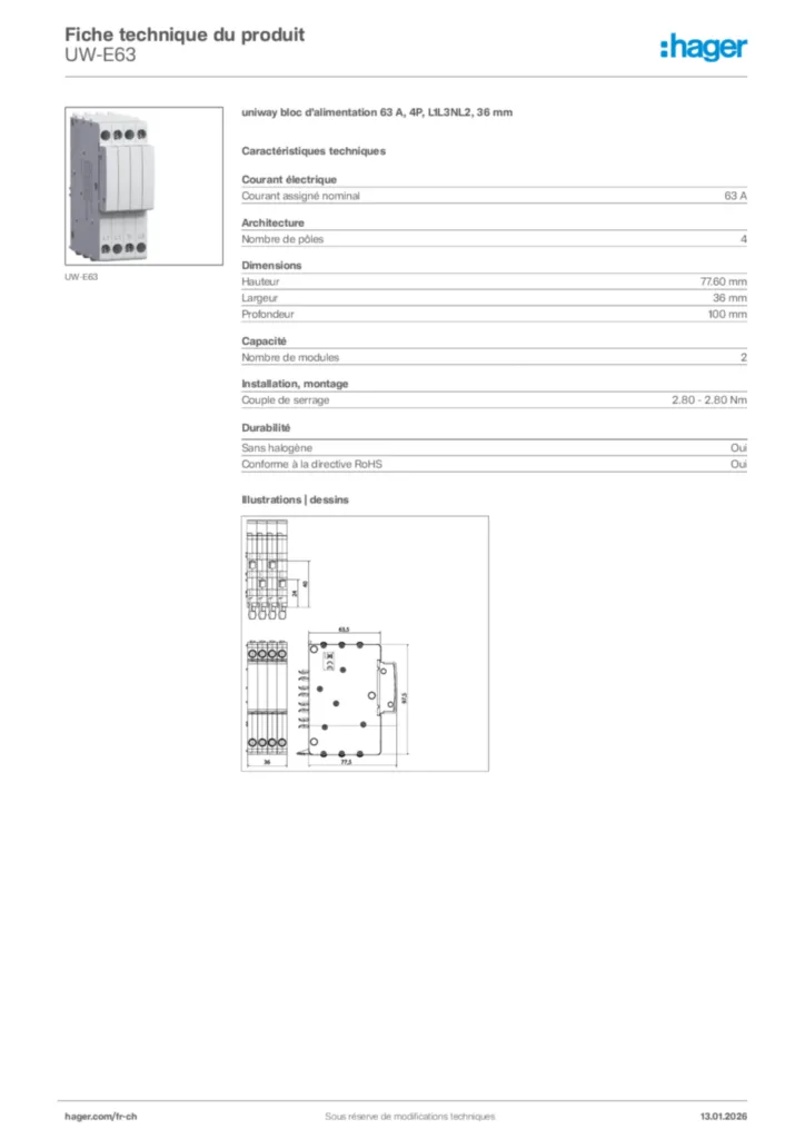 Image Hager Fiche technique du produit UW-E63 | Hager Suisse