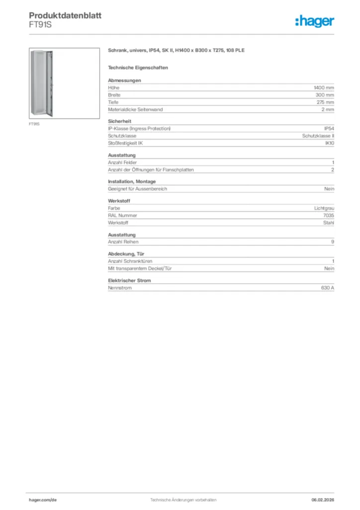 Bild Hager Produktdatenblatt FT91S | Hager Deutschland