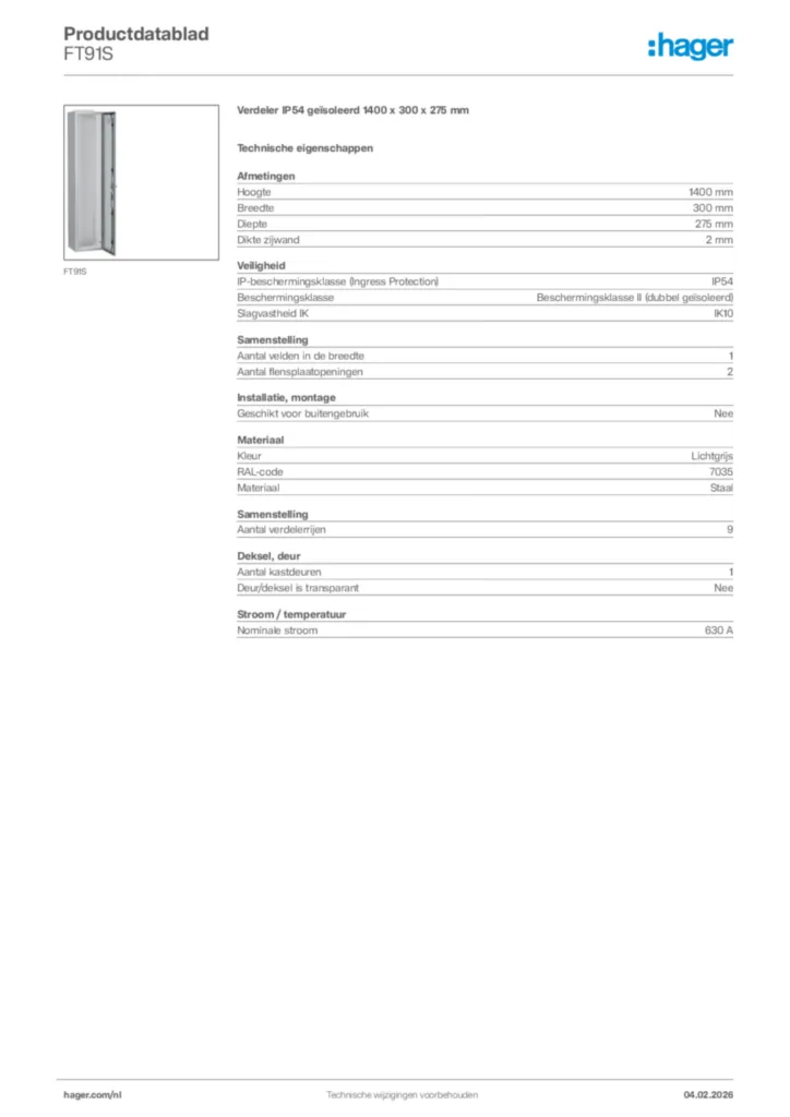 Afbeelding Hager Productdatablad FT91S | Hager Nederland