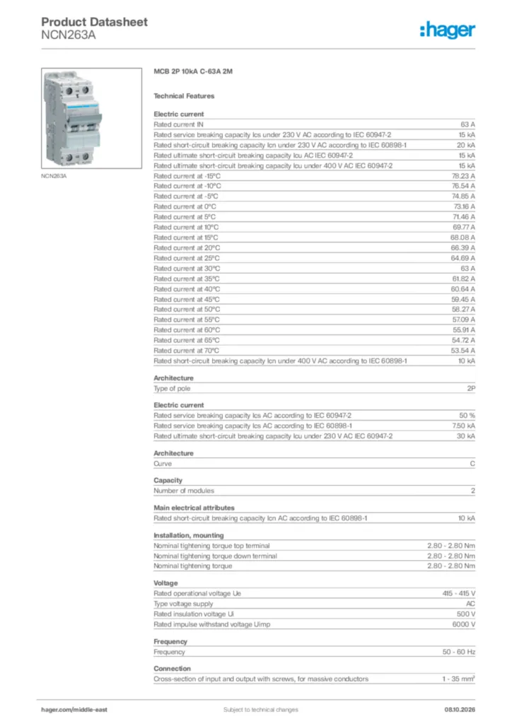 Image Hager Product data sheet NCN263A  | Hager