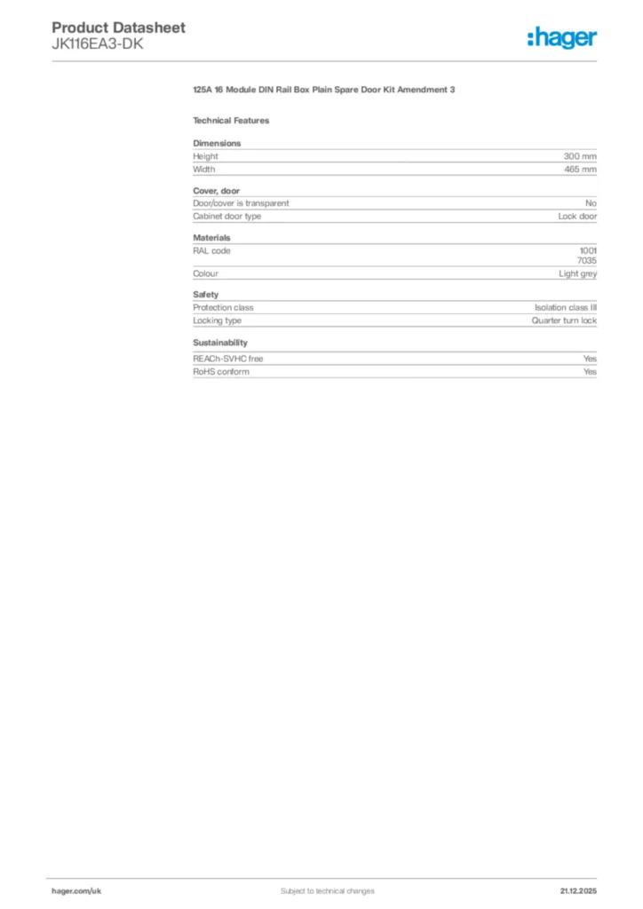 Image Hager Product data sheet JK116EA3-DK  | Hager