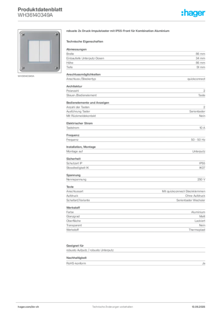 Bild Hager Produktdatenblatt WH36140349A | Hager Schweiz