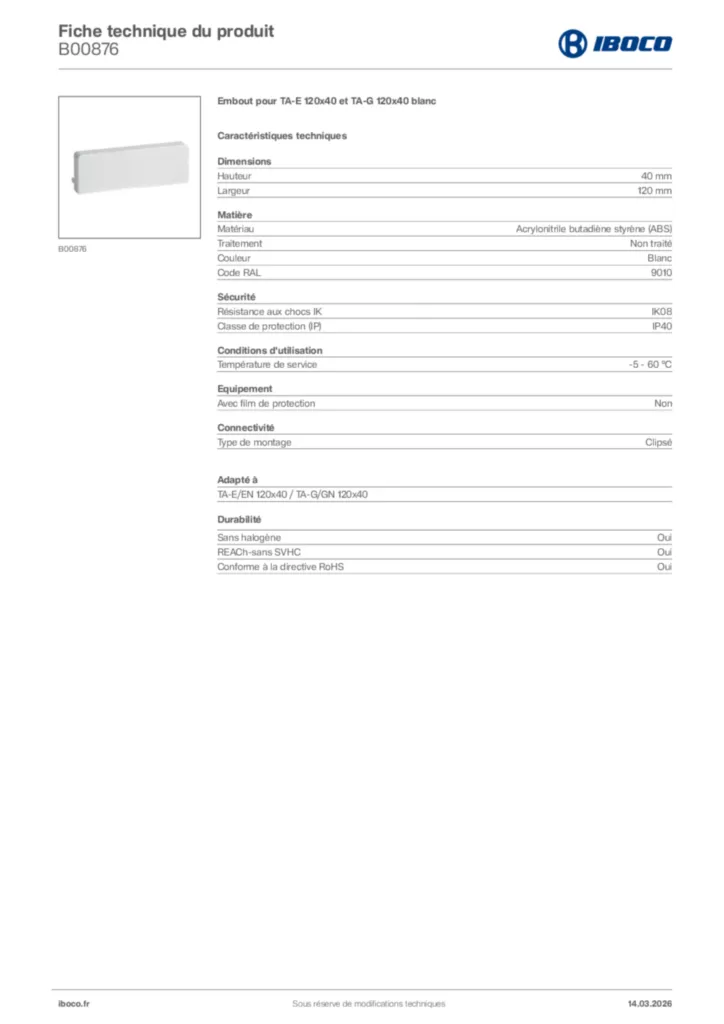 Image Iboco Fiche technique du produit B00876 | Hager France